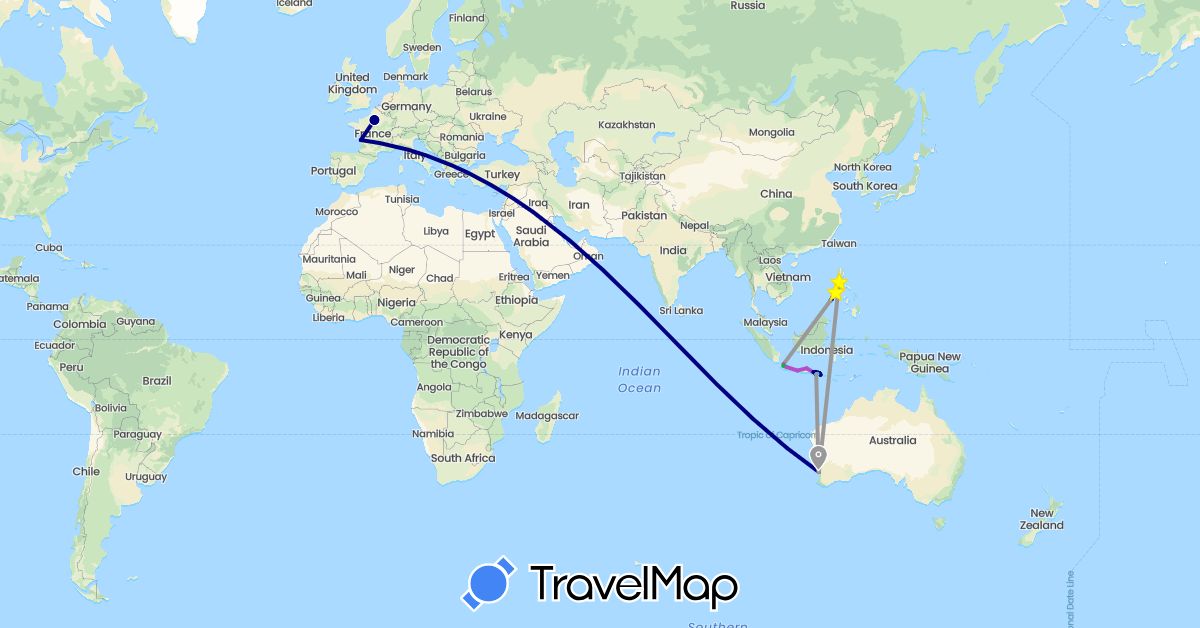 TravelMap itinerary: driving, bus, plane, train, boat, motorbike in Australia, France, Indonesia, Philippines (Asia, Europe, Oceania)