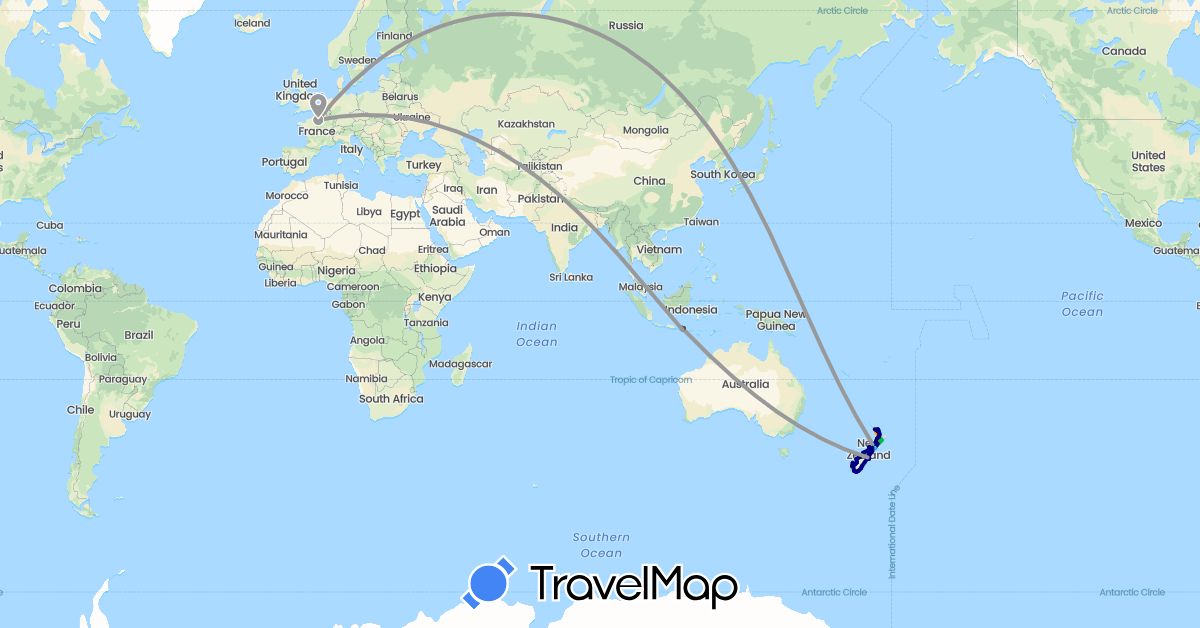 TravelMap itinerary: driving, bus, plane, boat, hitchhiking, motorbike in France, Indonesia, New Zealand (Asia, Europe, Oceania)