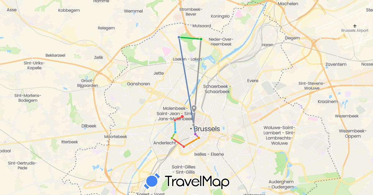 TravelMap itinerary: bus, plane, cycling, train, hiking, boat, hitchhiking, electric vehicle in Belgium (Europe)